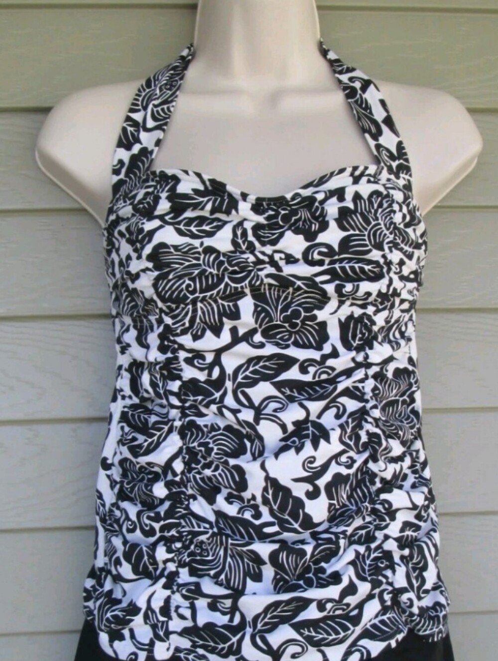 Lands' End Black and White Floral Halter Tankini Top
